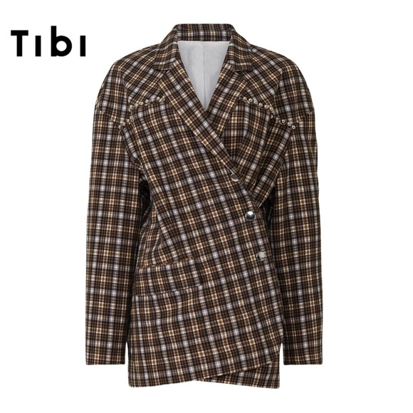 EUC Tibi Costello Menswear Liam Stud Blazer Brown Oversized Coat Size Large - Picture 1 of 13